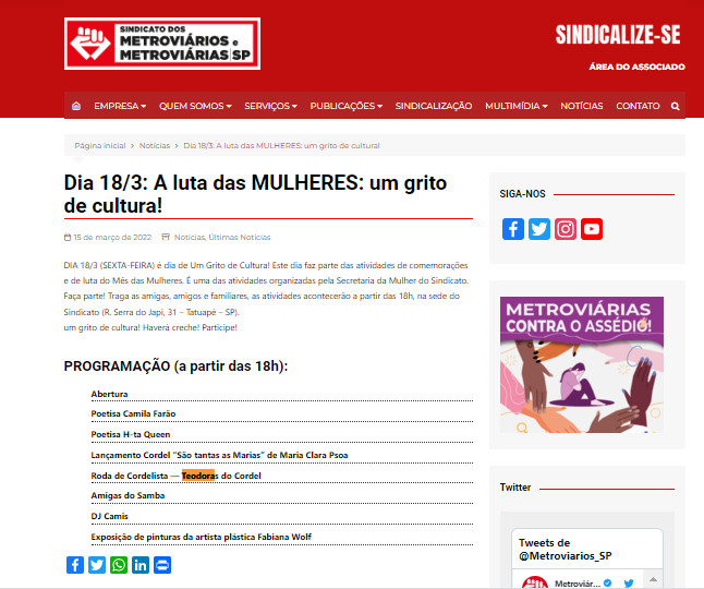 Coletivo vira pauta no Jornal do Sindicato dos Metroviários de São Paulo